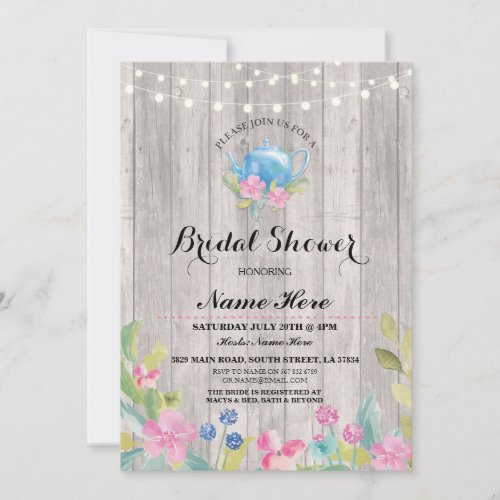 Bridal Shower Party Rustic Teapot Floral Invite