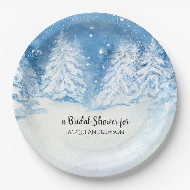 Bridal Shower Party | Snowing Forest Snow Trees Paper Plates (Front)