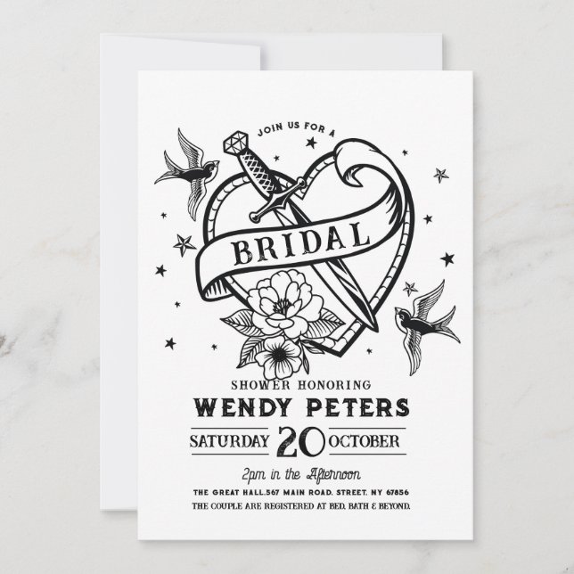 Bridal Shower Party Traditional Tattoo Heart Knife Invitation (Front)