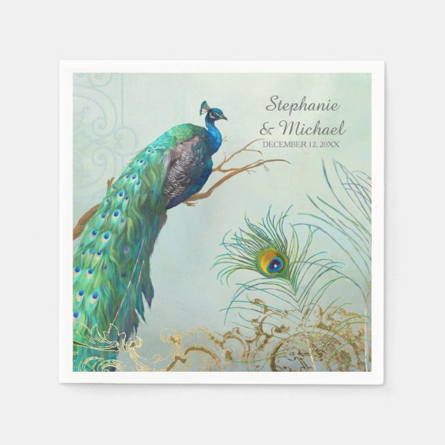 Bridal Shower Party Vintage Peacock Tree Branch Napkins (Front)