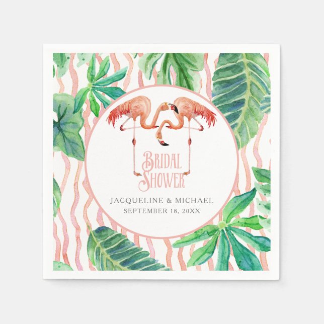 Bridal Shower Party Watercolor Pink Flamingo Leaf Napkins (Front)