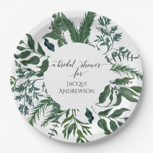 Bridal Shower Party White  Emerald Forest Foliage Paper Plates