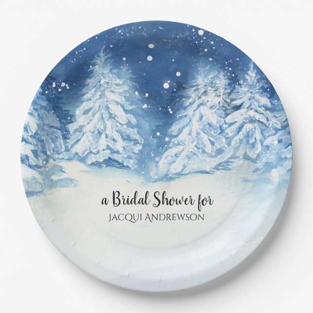Bridal Shower Party | Wild Forest Snowfall Trees Paper Plates (Front)