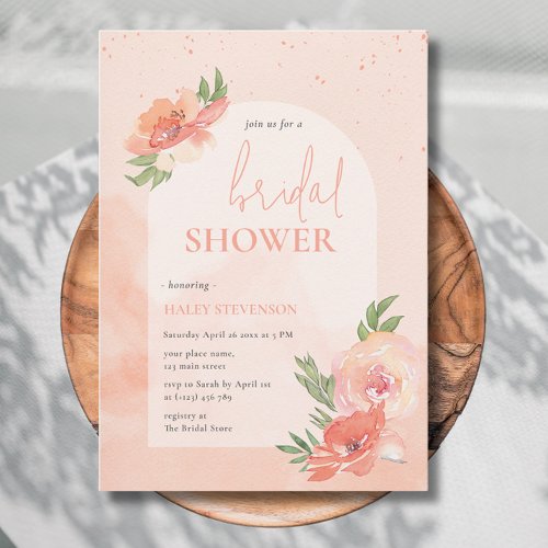 Bridal Shower Peach Blush Watercolor Floral Arch Invitation