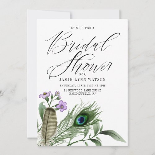 Bridal Shower  Peacock Feather  Flowers Invitation