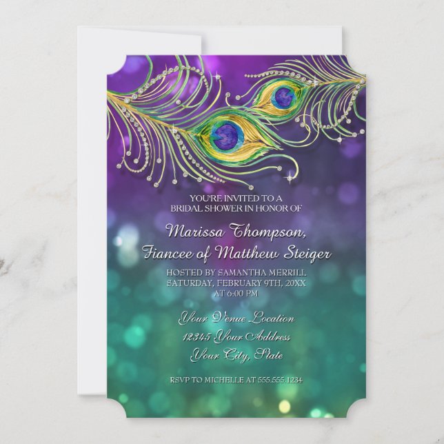 Bridal Shower Peacock Feather Jeweled Feathers Invitation (Front)
