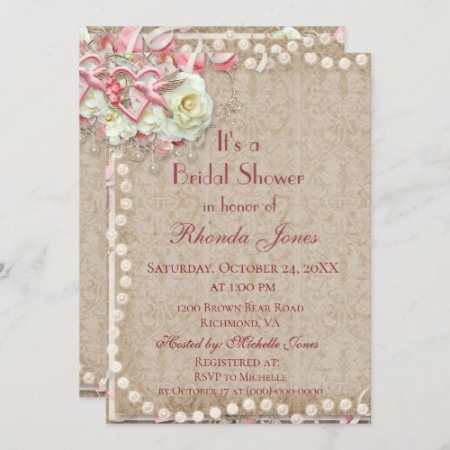 Bridal Shower Pearls Pink and Brown Invitation