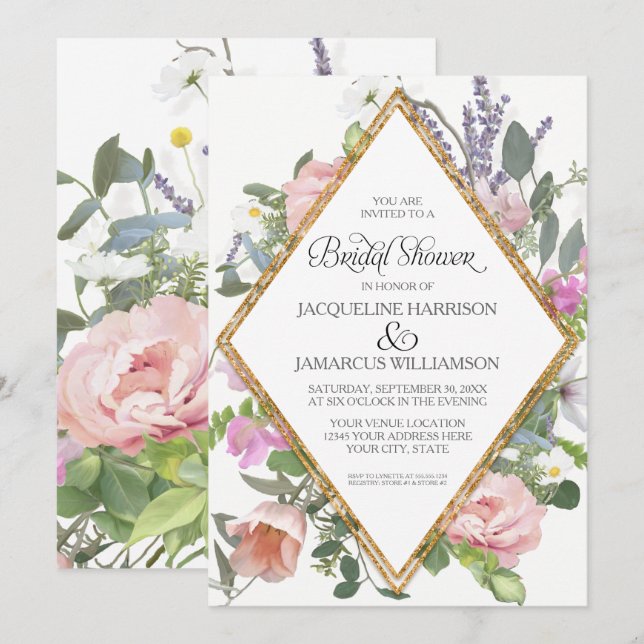 Bridal Shower Peony Lavender Gold Floral Elegant Invitation (Front/Back)