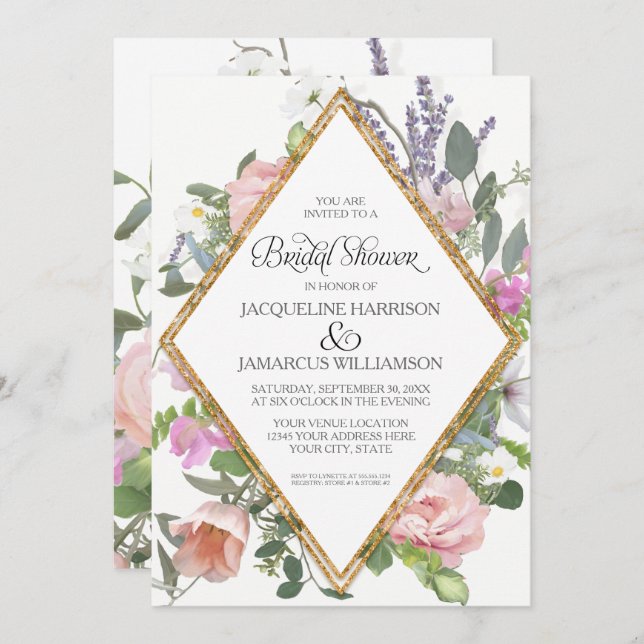 Bridal Shower Peony Lavender Gold Floral Elegant Invitation (Front/Back)