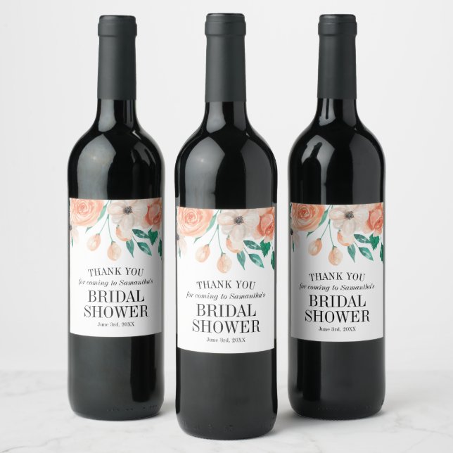 Bridal Shower Personalized Peach Floral Wine Label (Bottles)