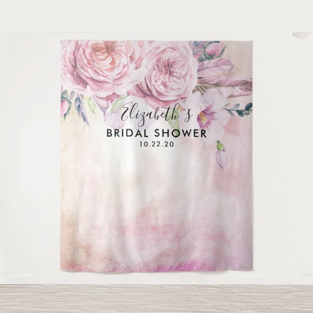 Bridal Shower Photo Backdrop Boho Flowers Feathers (Front)