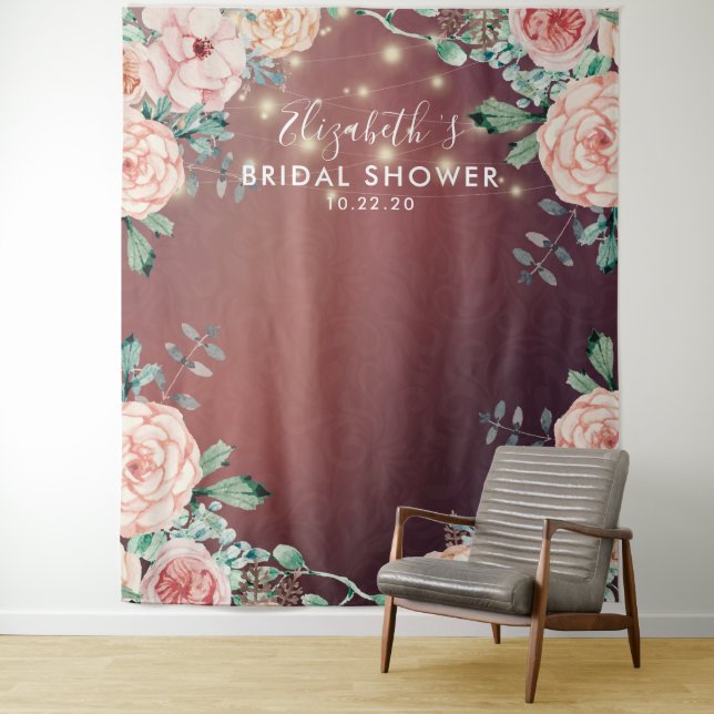 Bridal Shower Photo Backdrop Flowers String Lights (In Situ)