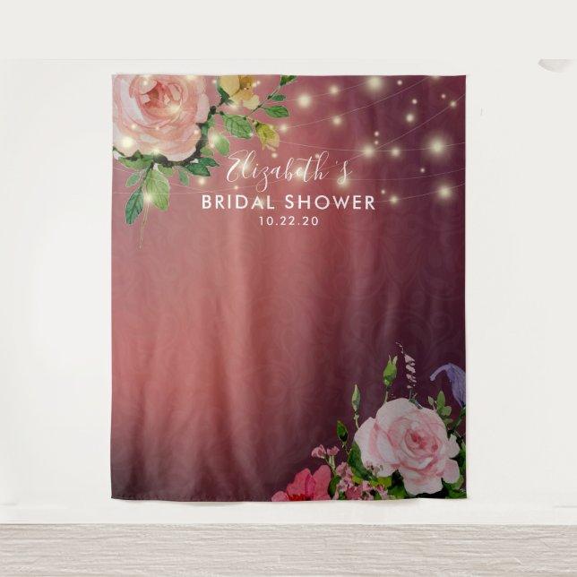 Bridal Shower Photo Backdrop Flowers String Lights (Front)