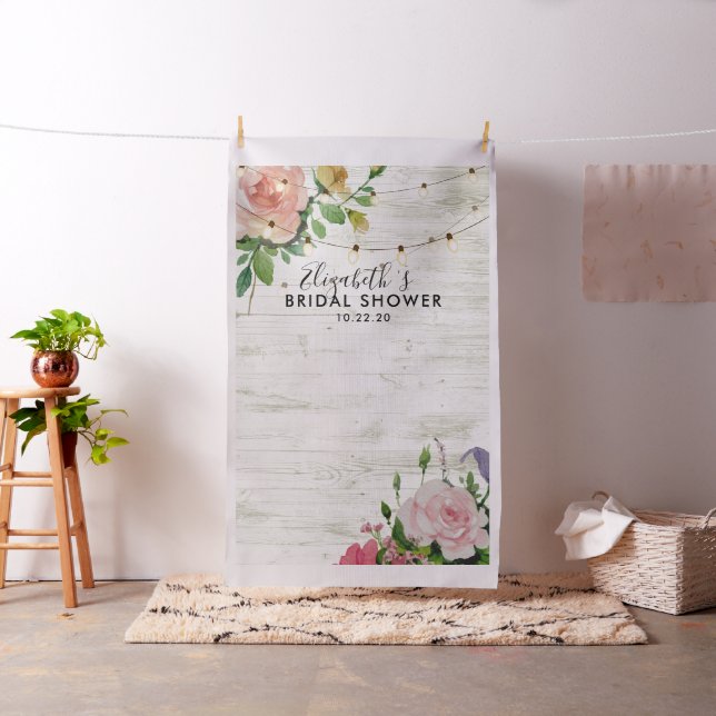 Bridal Shower Photo Backdrop Flowers Wood Lights (In Situ)