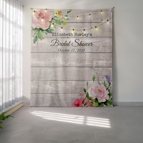 Bridal Shower Photo Backdrop Flowers Wood Lights