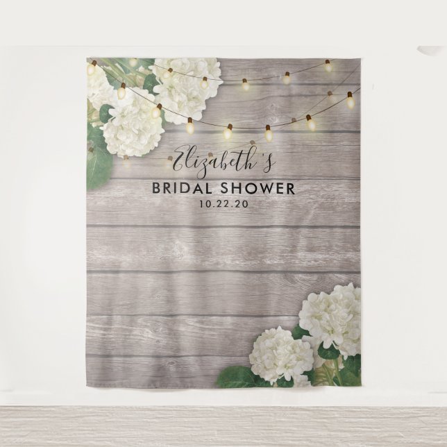 Bridal Shower Photo Backdrop Hydrangea Lights wood (Front)