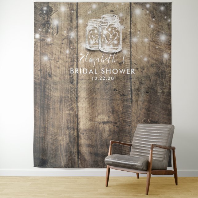 Bridal Shower Photo Backdrop Wood Mason Jar Lights (In Situ)