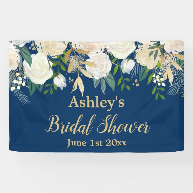 Bridal Shower Photo Booth Navy & Gold Floral Prop Banner (Horizontal)