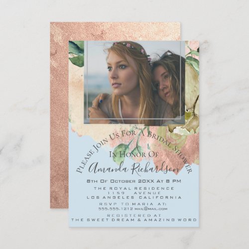 Bridal Shower Photo Floral Birthday Blue Peach Invitation