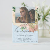 Bridal Shower Photo Floral Birthday Blue Peach Invitation (Standing Front)