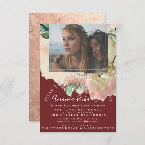 Bridal Shower Photo Floral Birthday Burgund Blush Invitation