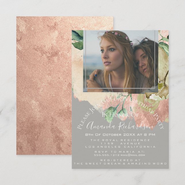 Bridal Shower Photo Floral Birthday Gray Peach Invitation (Front/Back)