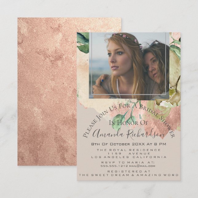 Bridal Shower Photo Floral Birthday Ivory Peach Invitation (Front/Back)