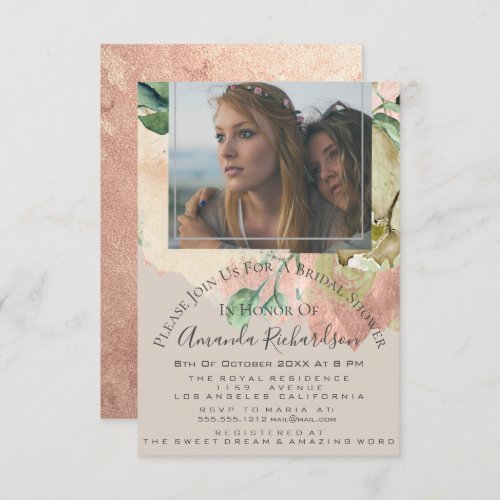 Bridal Shower Photo Floral Birthday Ivory Peach Invitation