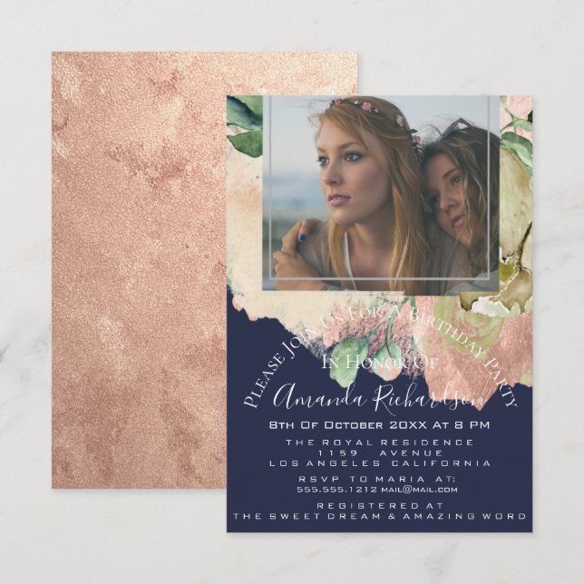 Bridal Shower Photo Floral Birthday Navy Peach Invitation (Front/Back)