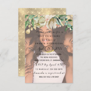 Bridal Shower Photo  Flowers Gold Spark Wreath Invitation