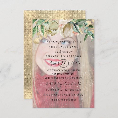 Bridal Shower Photo  Flowers Gold Wedding Invitation