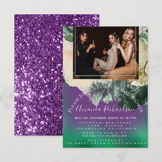 Bridal Shower Photo Purple Floral Birthday Green Invitation (Front/Back)