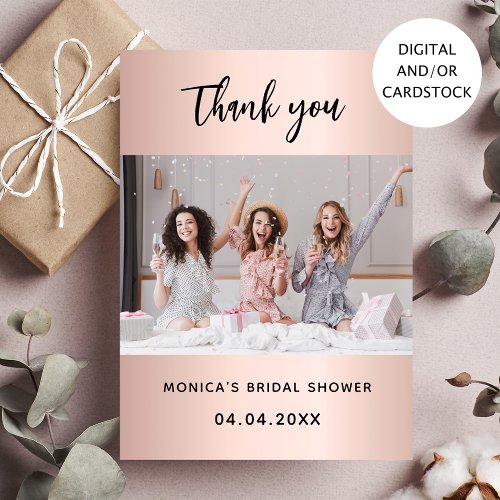 Bridal shower photo rose gold thank you card