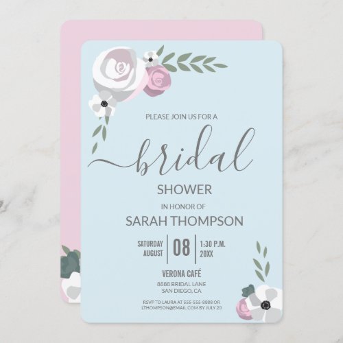 Bridal Shower pink blue green flower illustration Invitation