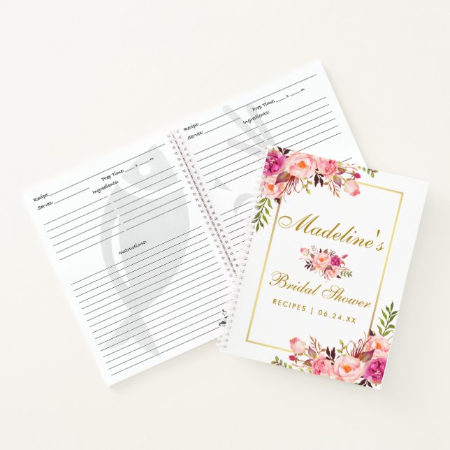 Bridal Shower Pink Blush Floral Gold Recipe Notebook (Inside)