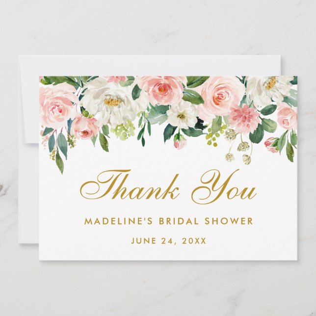 Bridal Shower Pink Blush Floral Gold Thanks Invitation (Front)