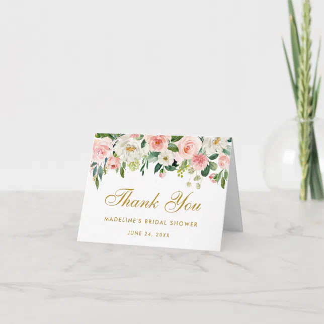Bridal Shower Pink Blush Floral Gold Thanks Note Thank You Card | Zazzle