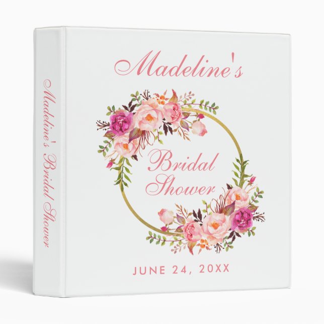 Bridal Shower Pink Blush Floral Wreath 3 Ring Binder (Front/Spine)