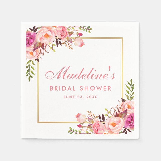 Bridal Shower Pink Blush Gold Frame Floral Napkins (Front)