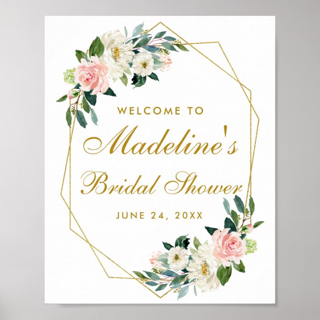Bridal Shower Pink Blush Gold Frame Floral Welcome Poster (Front)