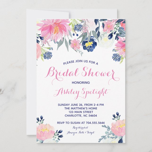 Bridal Shower pink blush navy Floral Invitation (Front)