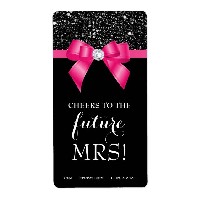Bridal Shower Pink Bow Black Sequins Wine Labels (Front)