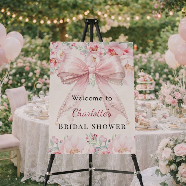 Bridal Shower pink bow cream ivory florals welcome Foam Board (Creator Uploaded)