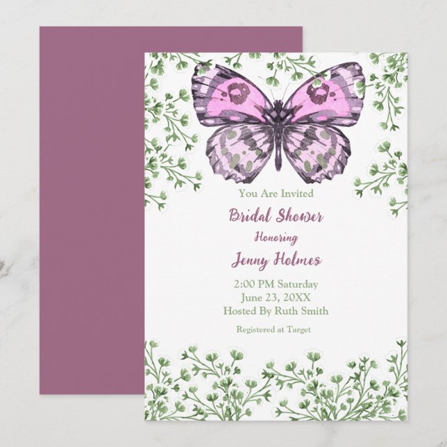 Bridal Shower Pink Butterfly Greenery Invitation (Front/Back)