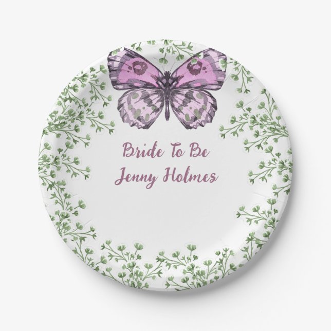 Bridal Shower Pink Butterfly Greenery  Paper Plates (Front)