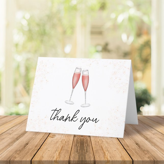 Bridal Shower Pink Calligraphy Script Champagne Thank You Card (Simple pink champagne toasting flutes thank you card)