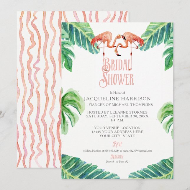 Bridal Shower Pink Flamingo Leaf Stripe Watercolor Invitation (Front/Back)