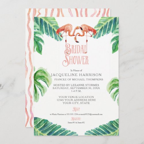 Bridal Shower Pink Flamingo Leaf Stripe Watercolor Invitation