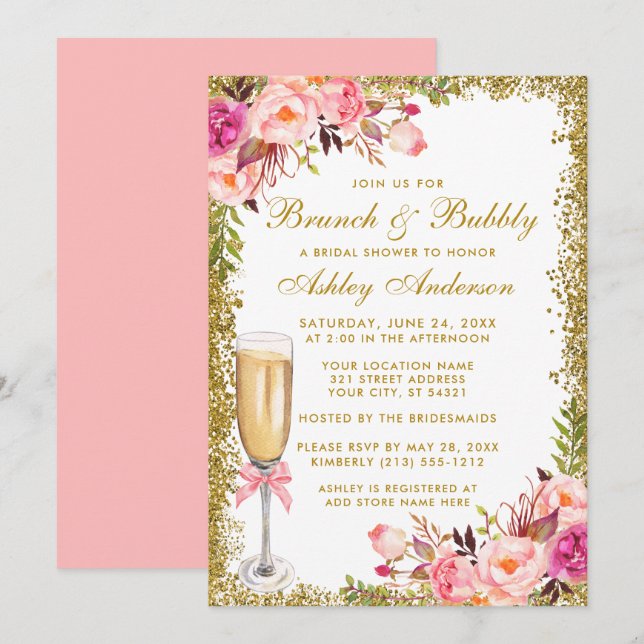 Bridal Shower Pink Floral Brunch Bubbly Glitter Invitation (Front/Back)