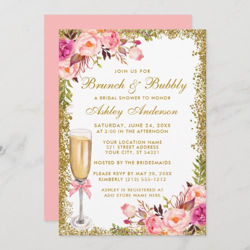Bridal Shower Pink Floral Brunch Bubbly Glitter Invitation